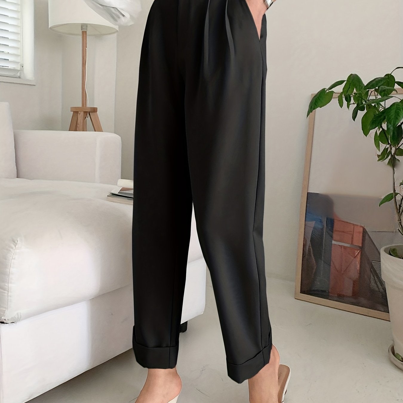 Chic Solid High Waist Pleated Pants - Flattering Draped Design, Straight Leg, Casual Style - Perfect for Womens Wardrobe