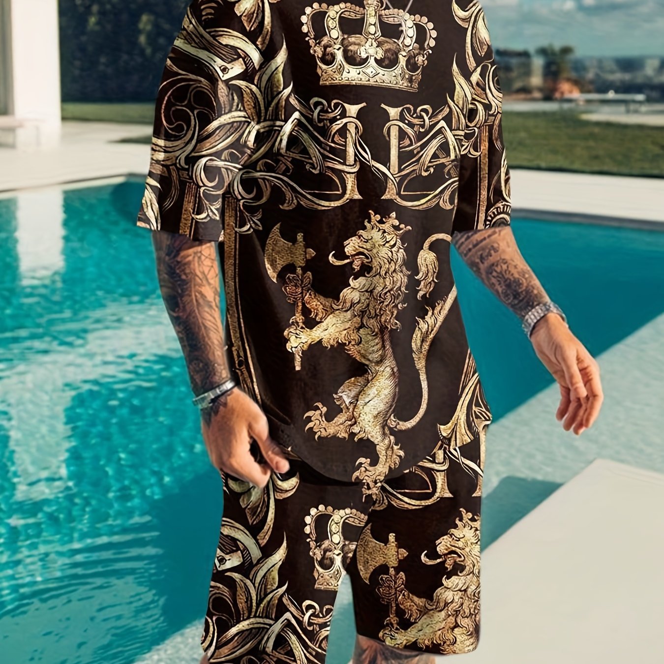 2pcs Sports Set, Men's Comfy Crew Neck Plaid Tee & Active Slightly Stretch Breathable Pants For Outdoor Activities