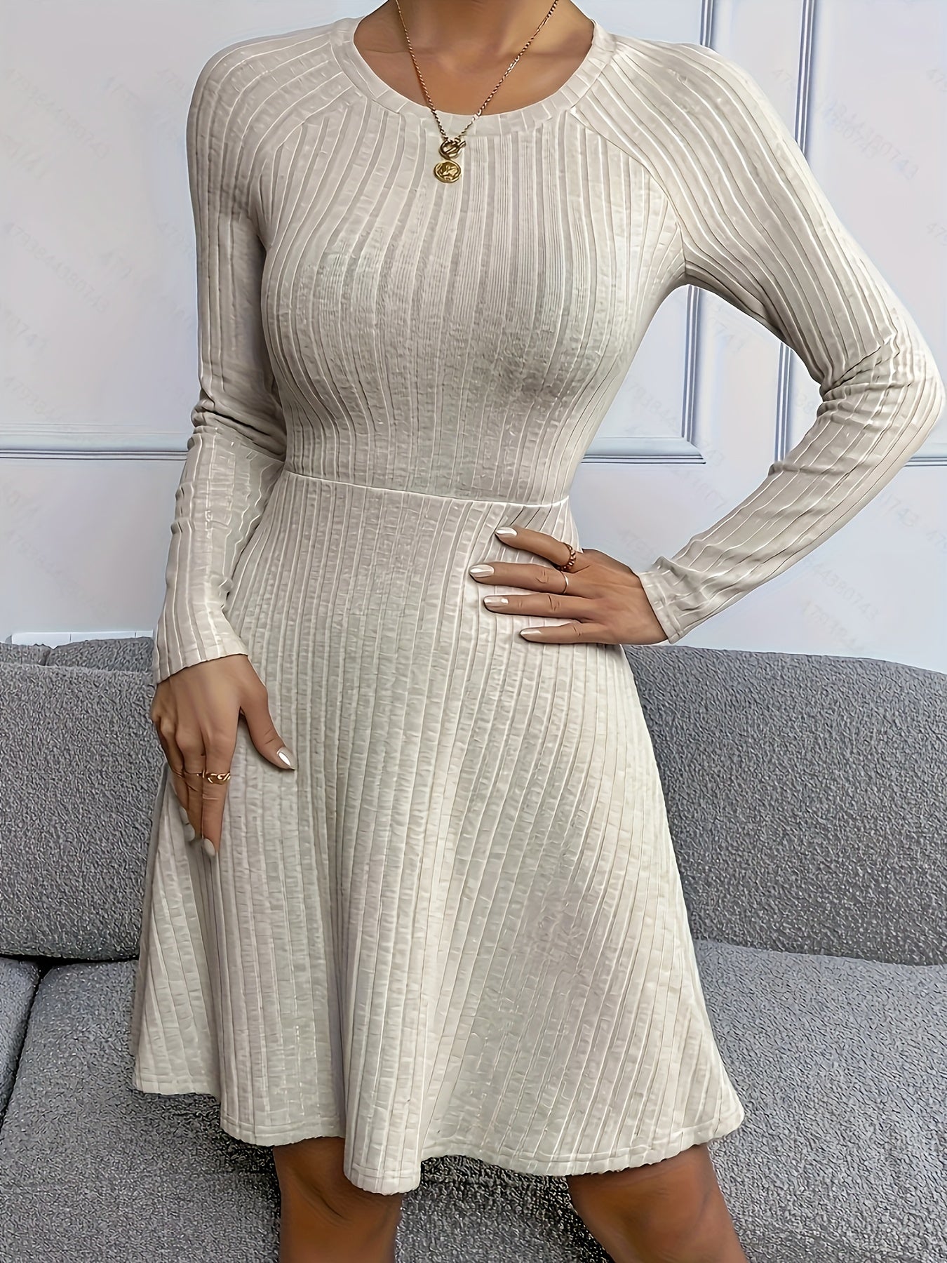 Womens Classic Ribbed Long Sleeve Dress - Stretchy, Solid Color, Elegant Crew Neck - Perfect for Everyday Style