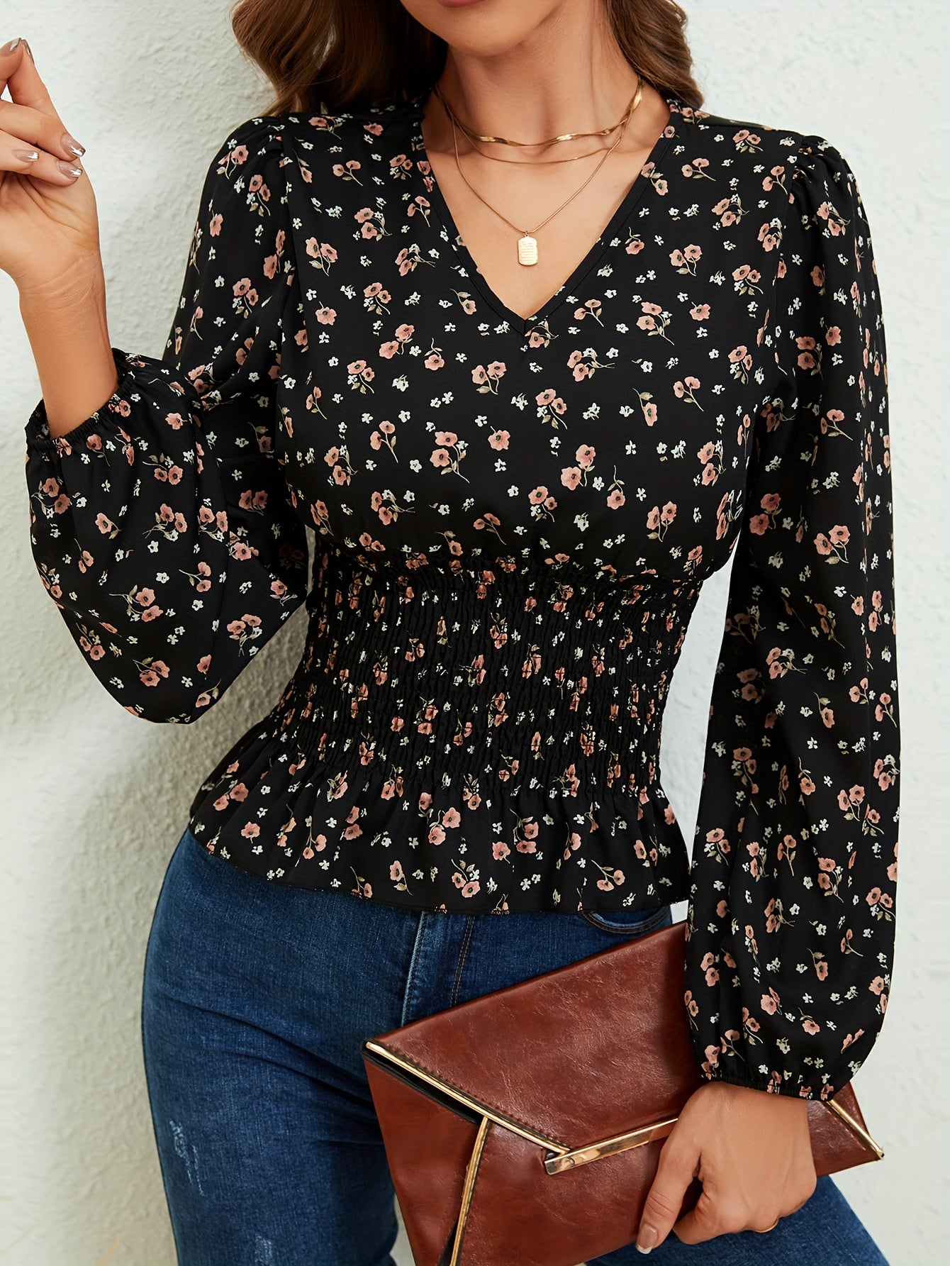 Ditsy Floral Print Shirred Blouse, Elegant Long Sleeve V Neck Blouse, Women's Clothing