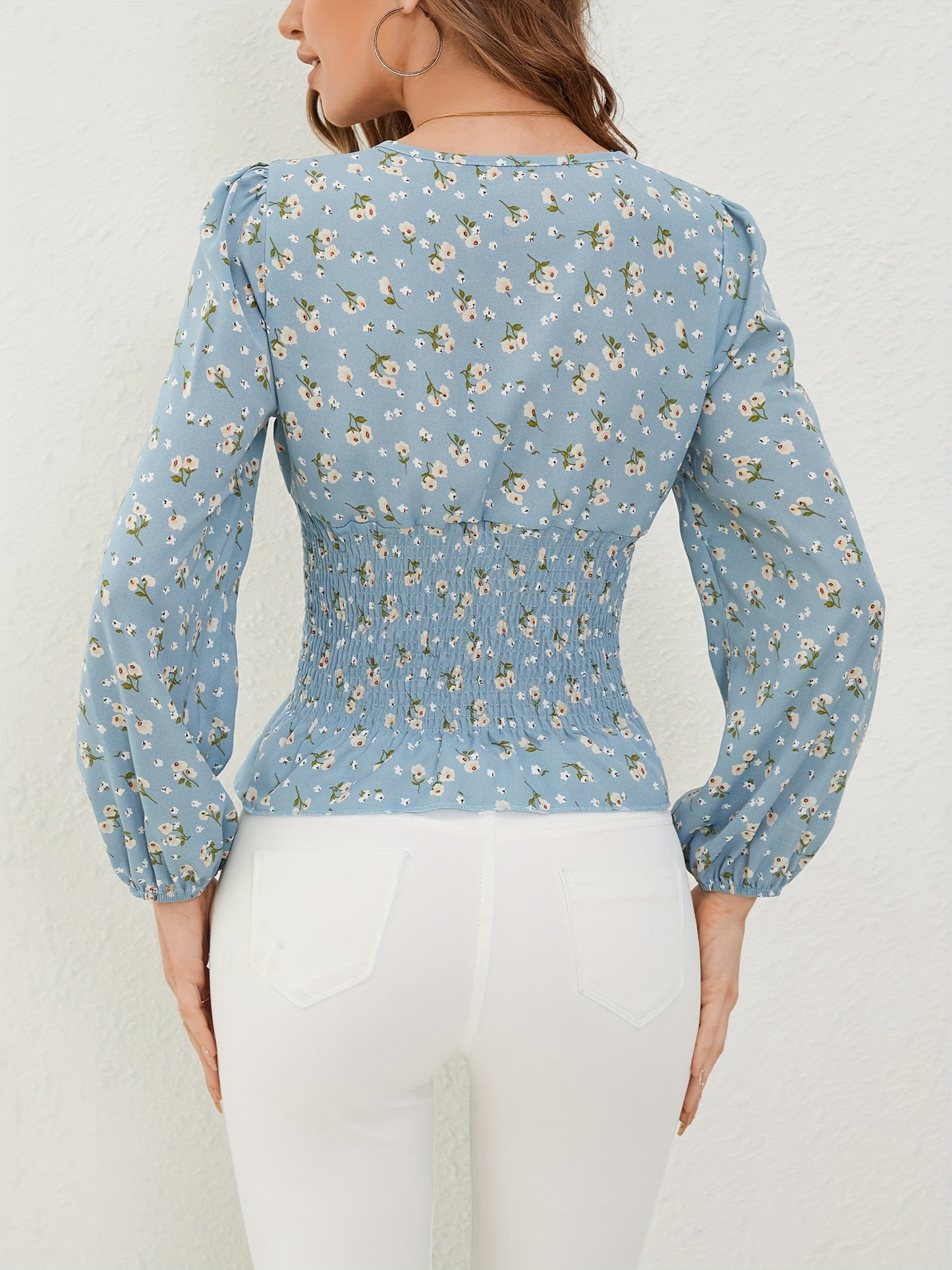 Ditsy Floral Print Shirred Blouse, Elegant Long Sleeve V Neck Blouse, Women's Clothing