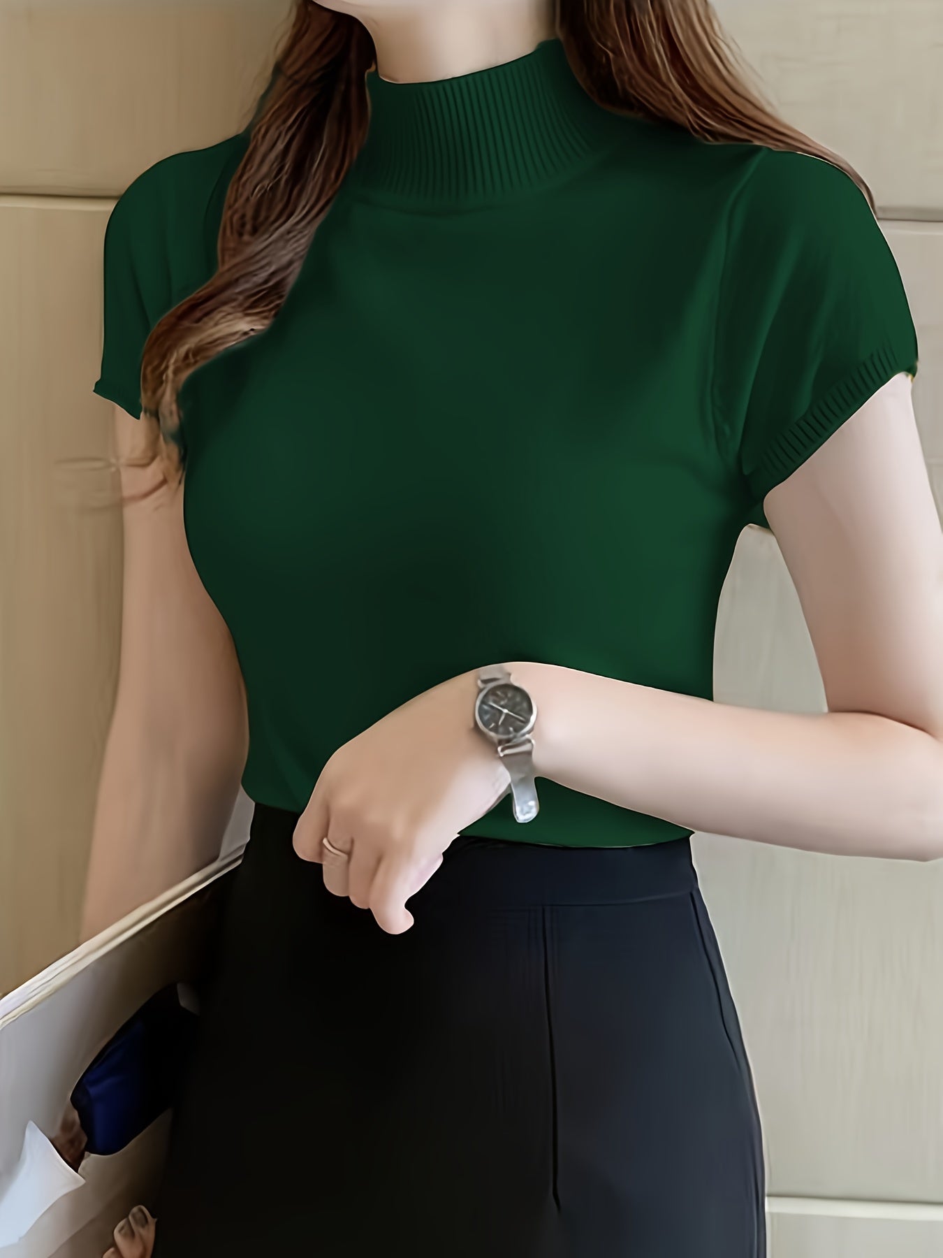 Womens Chic Solid Mock Neck Short Sleeve Knit Sweater - Soft & Breathable - Casual Everyday Style