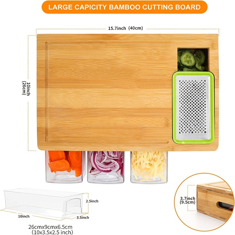 1pc, Bamboo Cutting Board With Drawer Tray, Bamboo Cutting Board With Sliding Out Tray, Chopping Board, Fruit Cutting Board, Kitchen Utensils, Apartment Essentials
