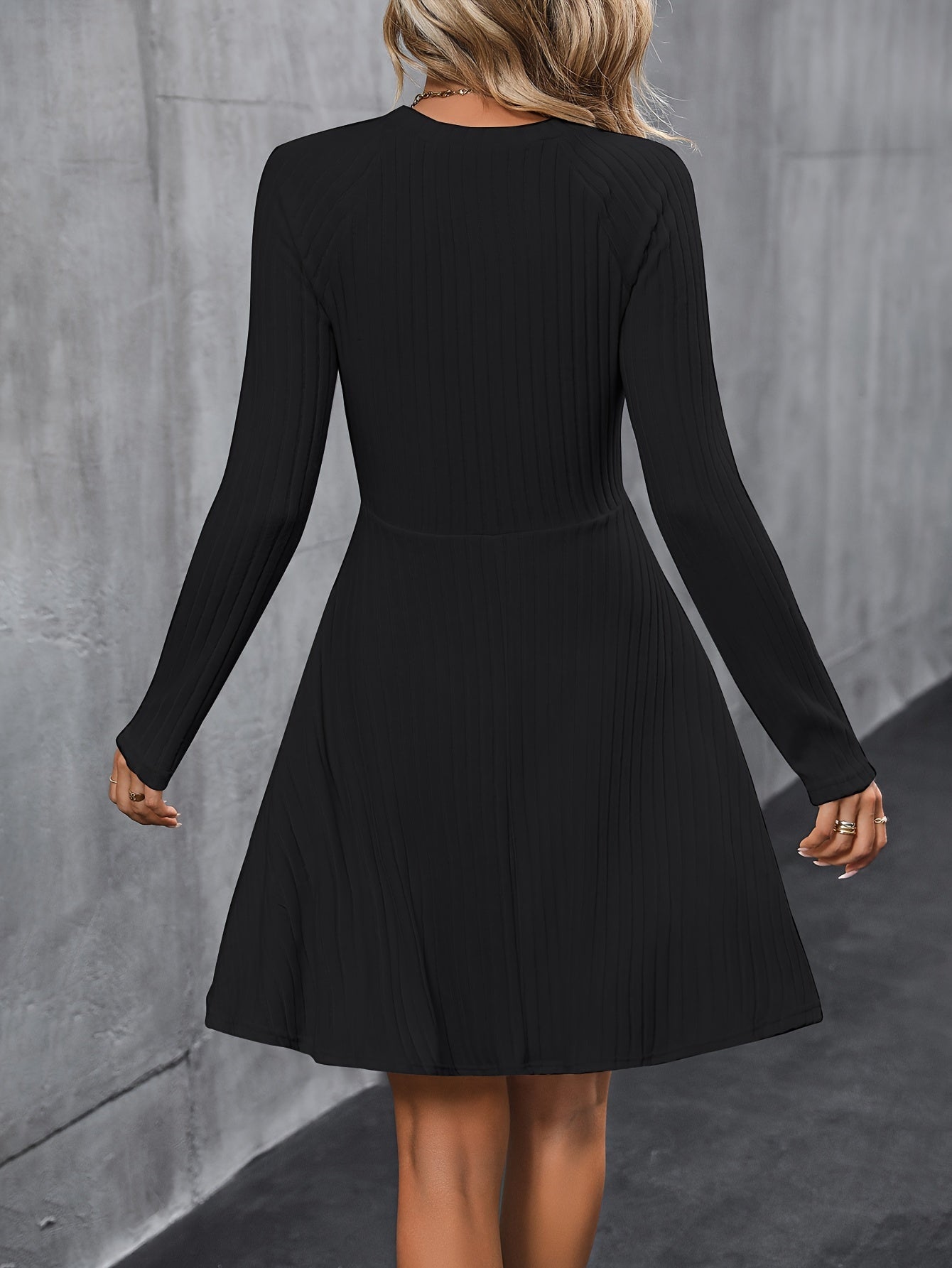 Womens Classic Ribbed Long Sleeve Dress - Stretchy, Solid Color, Elegant Crew Neck - Perfect for Everyday Style