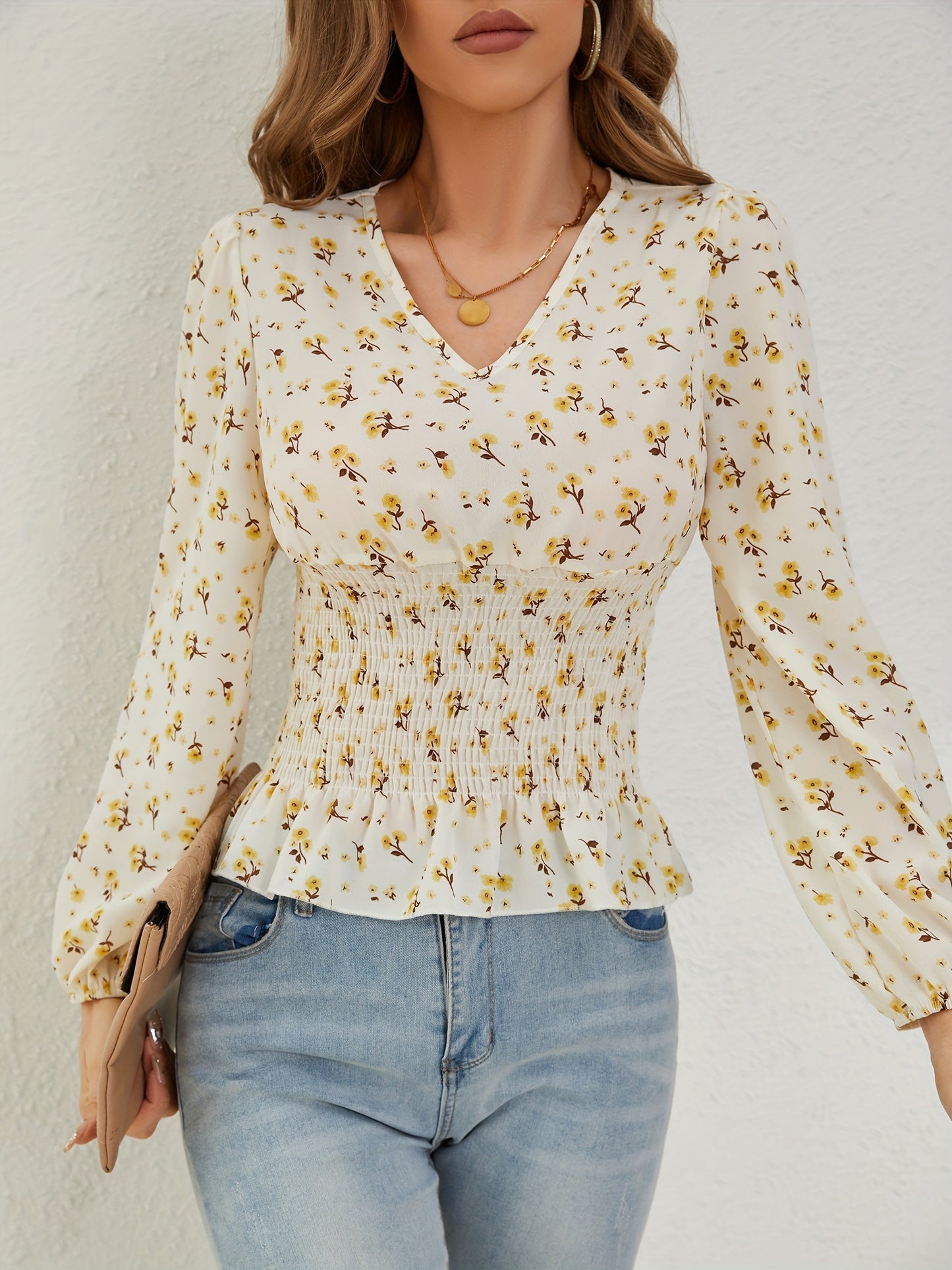 Ditsy Floral Print Shirred Blouse, Elegant Long Sleeve V Neck Blouse, Women's Clothing