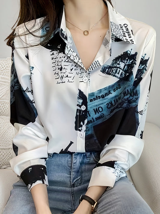 Chic Vintage-Inspired Women's Long Sleeve Blouse - Casual Polyester Chiffon Shirt with Unique Newspaper Print, Machine Washable, Perfect for Spring/Fall
