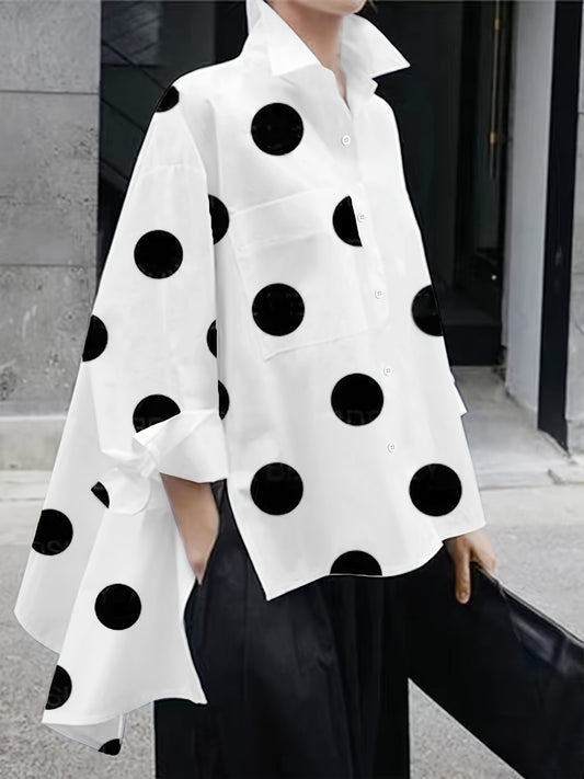 Chic Polka Dot Print Dip Hem Shirt - Versatile Button-Down Design with Practical Pockets - A Feminine Must-Have for Womens Wardrobe