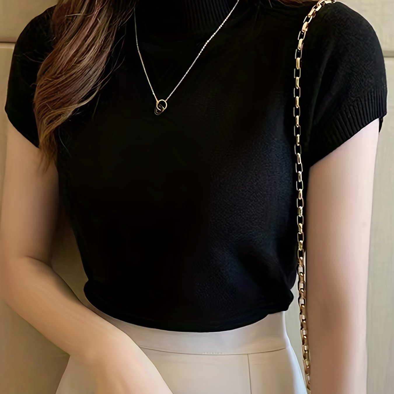 Womens Chic Solid Mock Neck Short Sleeve Knit Sweater - Soft & Breathable - Casual Everyday Style