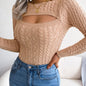 Long Sleeve High Stretch Acrylic Blend Women's Sexy Hollow-Out Knit Pullover Sweater, Skinny Fit, Solid Color, Spring/Fall Fashion Top, Crew Neck, Polyester 28%, Polyamide 22%, Viscose 28%