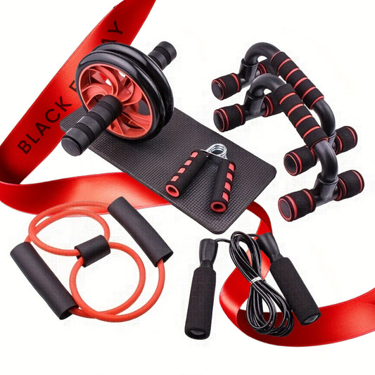 7pcs/set Complete Ab Workout Set With Push-up Stand, Ab Wheel, Mini Mat, Resistance Band, Jump Rope & Hand Gripper - Strengthen Core, Build Muscle, Burn Fat