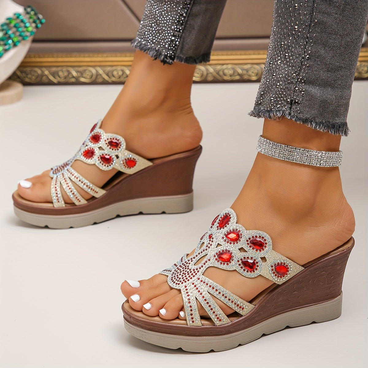 Women's Rhinestone Decor Wedge Sandals, Casual Cutout Design Platform Sandals, Comfortable Summer Shoes