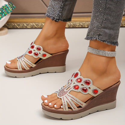 Women's Rhinestone Decor Wedge Sandals, Casual Cutout Design Platform Sandals, Comfortable Summer Shoes