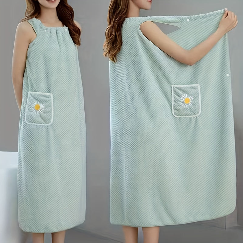 1pc Absorbent Flower Pattern Bath Towel with Pockets for Women - Quick Drying Spa Wrap and Sauna Kilt - Long Bathrobe Skirt for Adults - Bathroom Supplies and Accessories