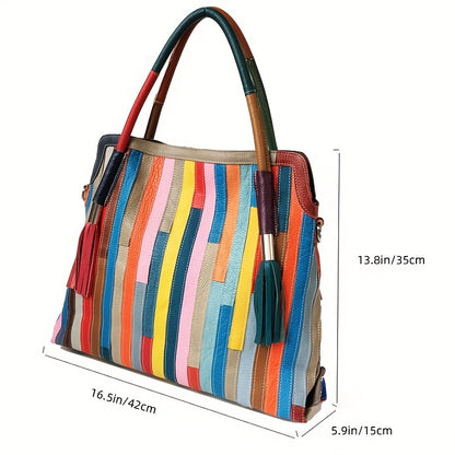 Retro 3D Flower Embroidery Tote Bag, Women's Colorblock Patchwork Purse, Large Capacity Genuine Leather Crossbody Bag