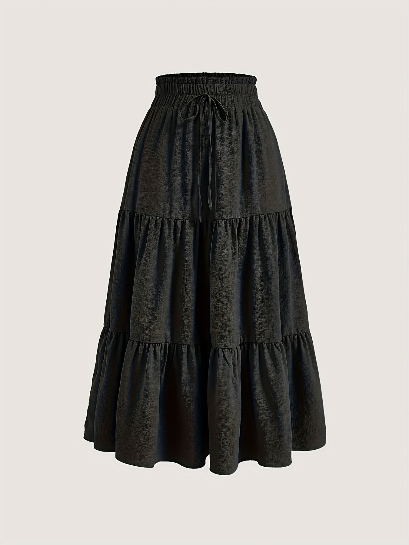 Solid Tie Waist Tiered Skirt, Casual Elastic Waist Skirt For Spring & Fall, Women's Clothing