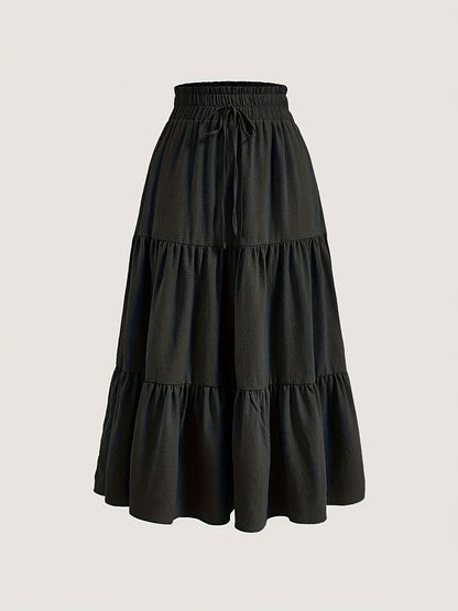 Solid Tie Waist Tiered Skirt, Casual Elastic Waist Skirt For Spring & Fall, Women's Clothing