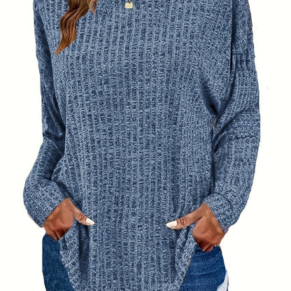 Plus Size Casual Sweater, Women's Plus Solid Ribbed Long Sleeve Round Neck Knit Top