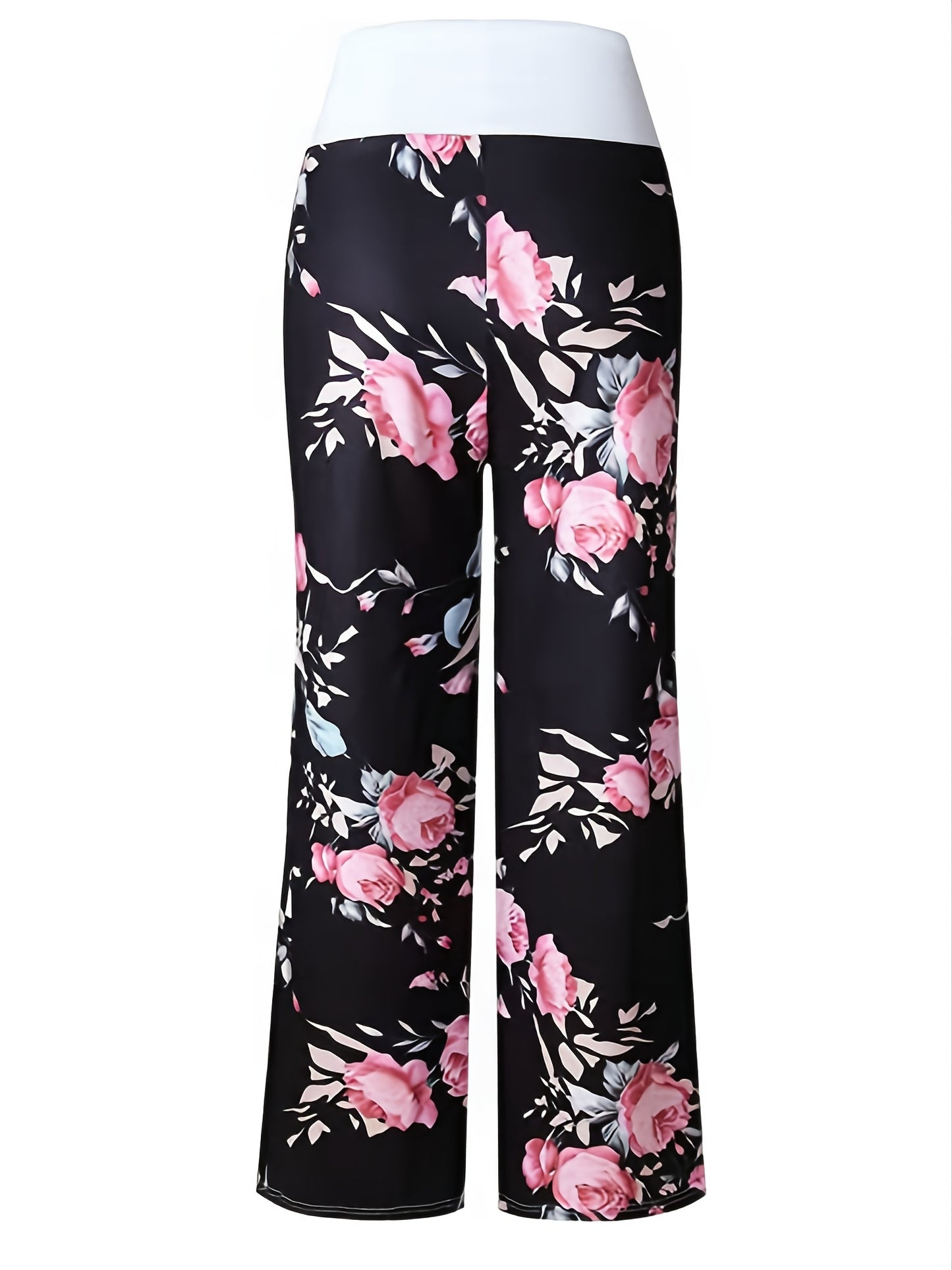 Plus Size Floral Print High Rise Drawstring Long Pants, Women's Plus Slight Stretch Loose Casual Pants