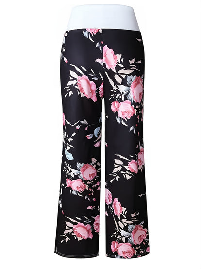 Plus Size Floral Print High Rise Drawstring Long Pants, Women's Plus Slight Stretch Loose Casual Pants