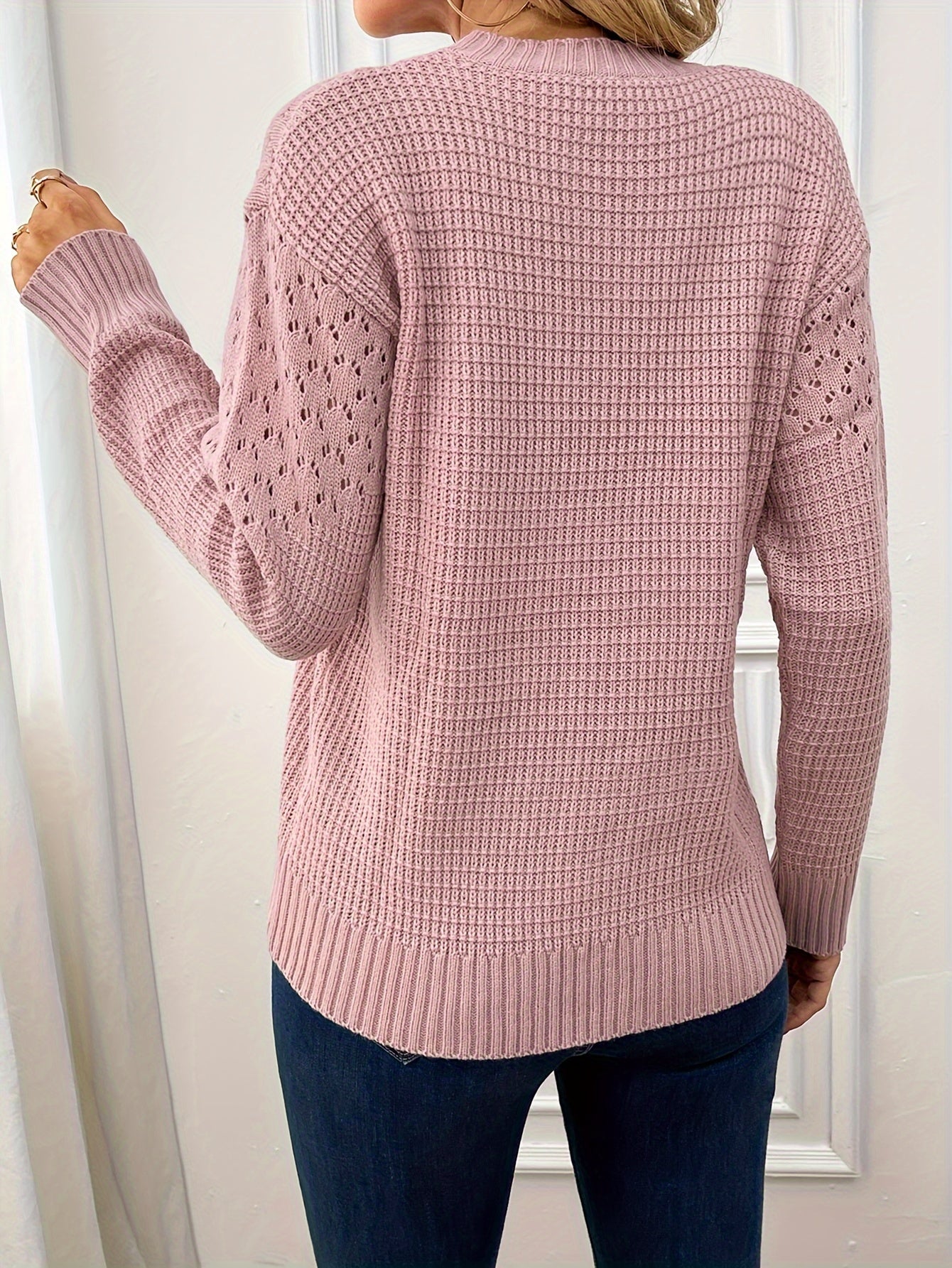 Solid Color Crew Neck Sweater, Casual Long Sleeve Sweater for Fall & Winter, Women's Clothing