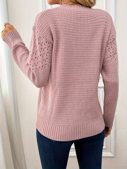 Solid Color Crew Neck Sweater, Casual Long Sleeve Sweater for Fall & Winter, Women's Clothing