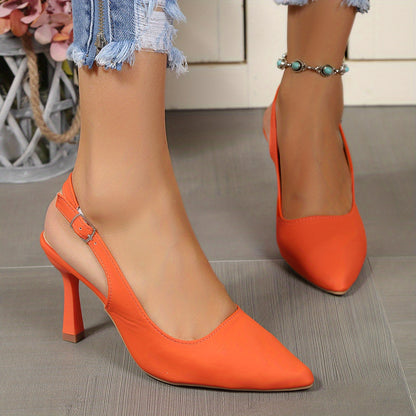 Women's Slingback High Heels, Solid Color Pointed Toe Buckle Strap Stilettos, Party & Dress Summer Shoes for Koningsdag/King's Day