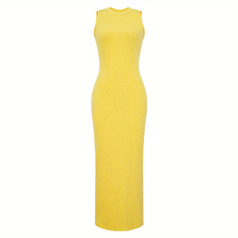 Women's Summer 2023 Fashion Casual Knit Sleeveless Crew Neck Bodycon Pencil Dress, Polyester 95% Spandex 5%, Solid Color Long Length Skinny Fit