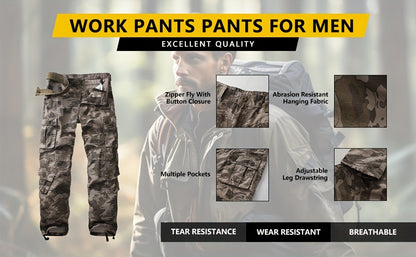 Mens Camo Cargo Pants - Stylish & Durable with Multi-Flap Pockets - Loose Fit Outdoor Work Pants for Hiphop Streetwear