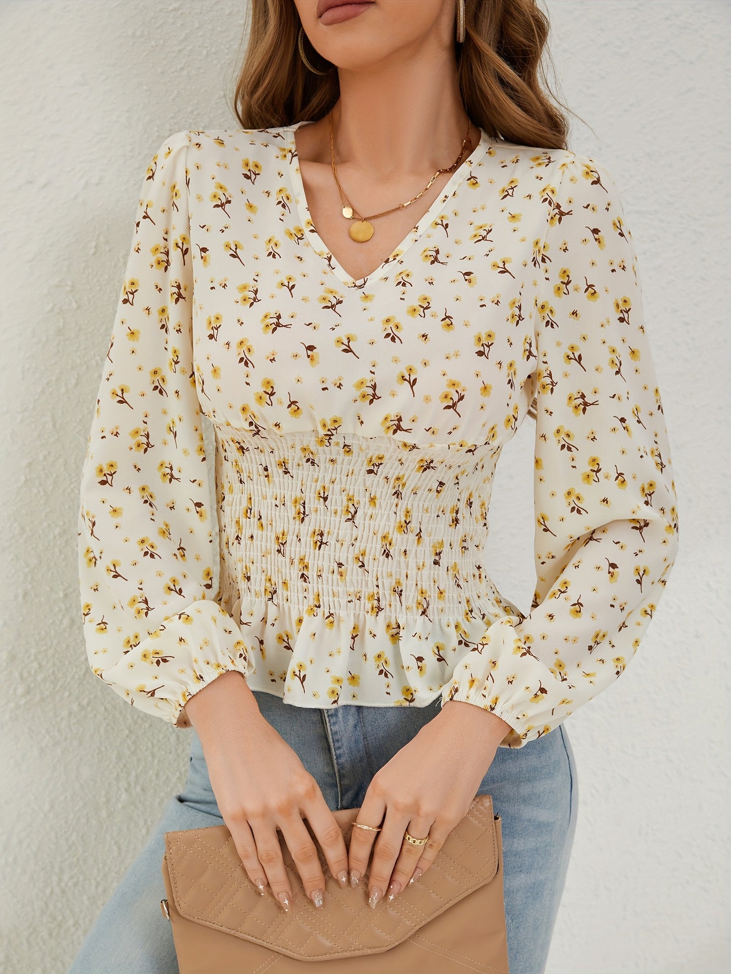 Ditsy Floral Print Shirred Blouse, Elegant Long Sleeve V Neck Blouse, Women's Clothing