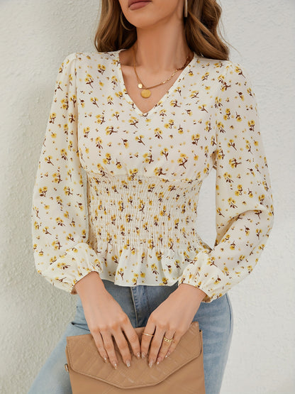 Ditsy Floral Print Shirred Blouse, Elegant Long Sleeve V Neck Blouse, Women's Clothing
