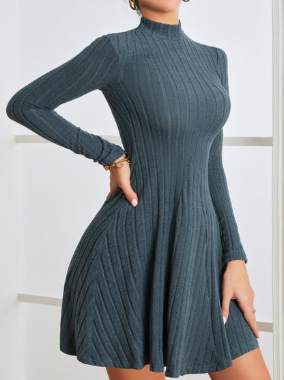 Solid Ribbed Dress, Casual Mock Neck Long Sleeve Dress, Women's Clothing