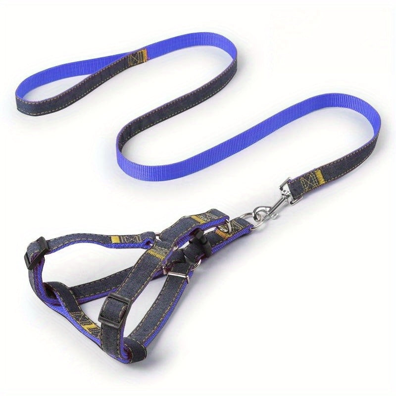 [Small to Large Adjustable Harness] Denim Dog Harness and Leash Set - Adjustable, Comfort Fit for Small to Large Breeds - Durable Polyester Material, Pulling Rope, Teddy