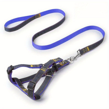 [Small to Large Adjustable Harness] Denim Dog Harness and Leash Set - Adjustable, Comfort Fit for Small to Large Breeds - Durable Polyester Material, Pulling Rope, Teddy