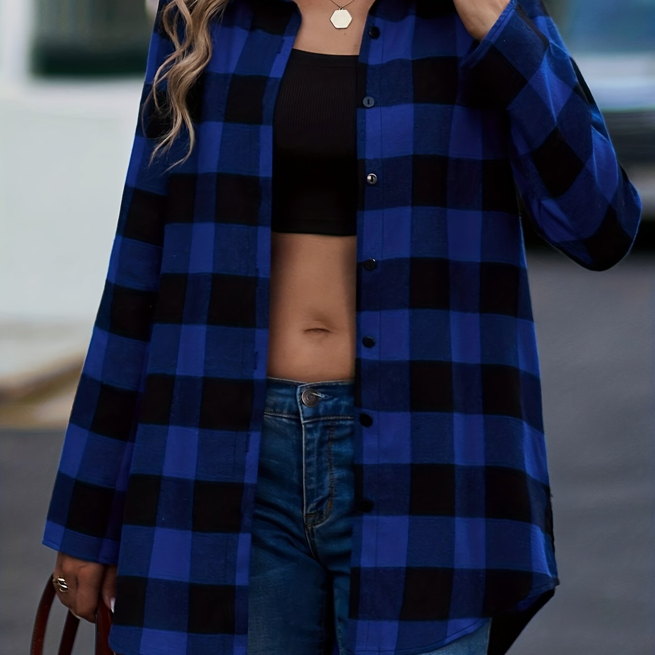 Plaid Print Classic Shirt, Casual Button-Front, Long Sleeve, Women's