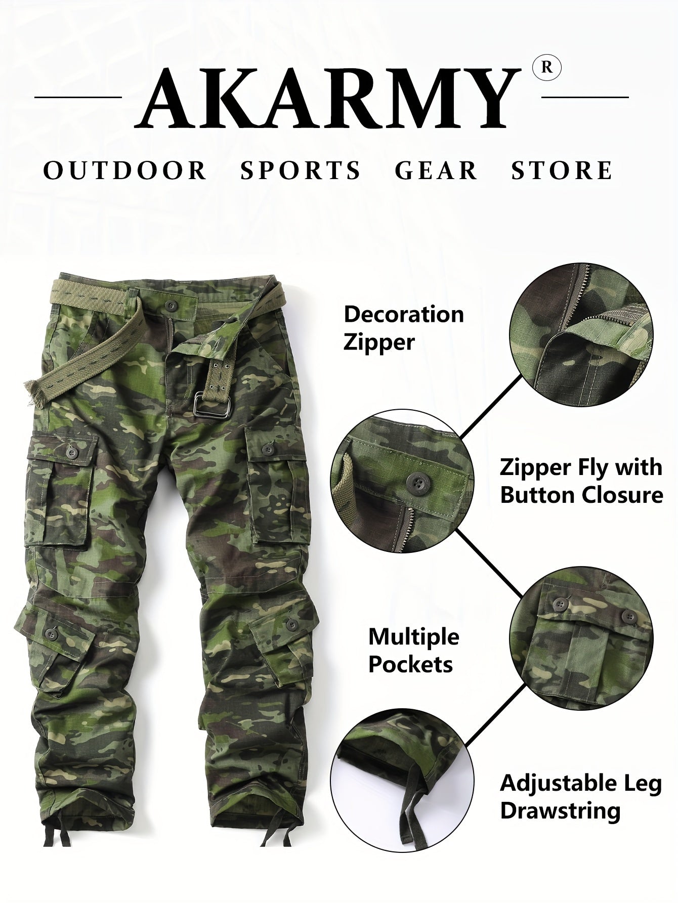 Mens Camouflage Cargo Pants - Relaxed Fit, Cuffed, Multiple Flap Pockets, Versatile, Durable, Ideal for Hiking, Workout, and Outdoors Activities in All Seasons - Belt Sold Separately