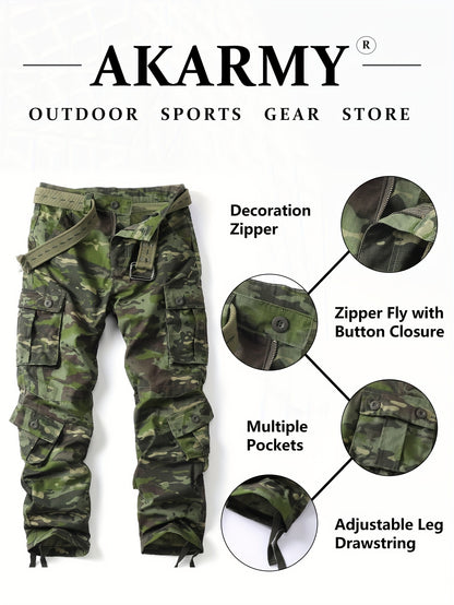 Mens Camouflage Cargo Pants - Relaxed Fit, Cuffed, Multiple Flap Pockets, Versatile, Durable, Ideal for Hiking, Workout, and Outdoors Activities in All Seasons - Belt Sold Separately