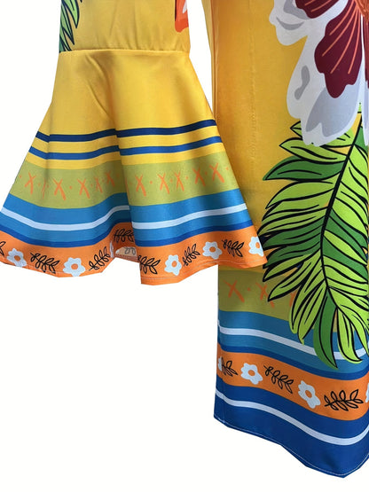 Floral Print Flared Sleeve Dress, Resort Wear Off-shoulder Dress For Spring & Summer, Women's Clothing