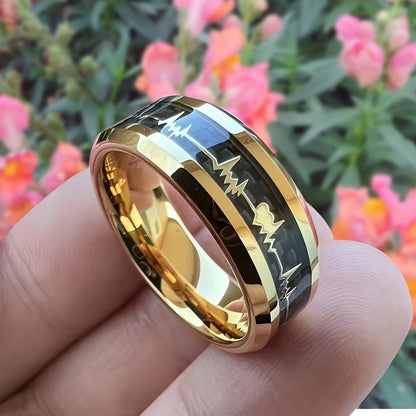 New Tungsten Steel Ring, Black Ring With Pattern Of Golden ECG, Couple Ring, High-Quality Black Tungsten Ring For Men, Fashion Engagement Wedding Band