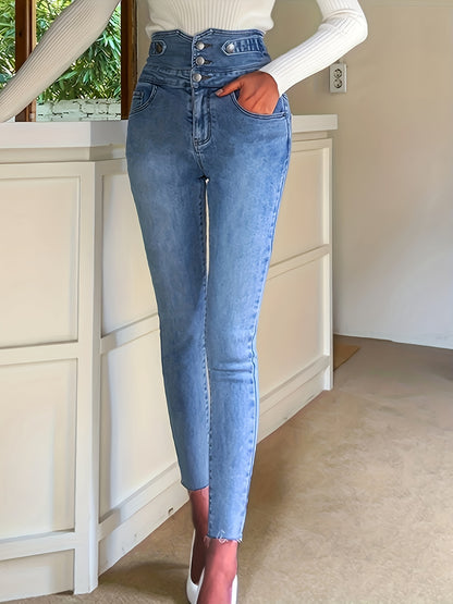 High Waist Tummy Control Raw Cut Denim Pants, Multi Buttons Single-breasted Elegant Washed Blue Skinny Jeans, Women's Denim Jeans & Clothing