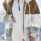 Plus Size Colorblock Fuzzy Hoodie Drawstring Zip Up Coat, Women's Plus Pocket Casual Overcoat