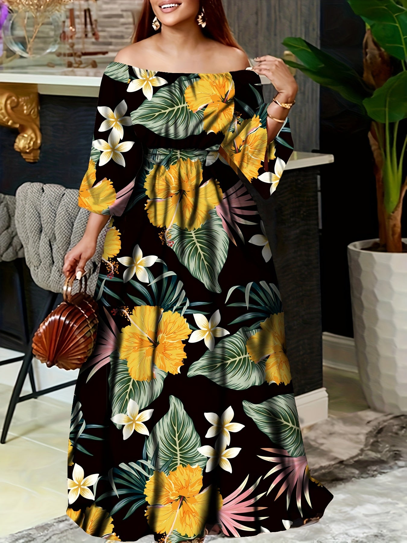 Vintage Off Shoulder Tribal Print Belted Women's Swing Aline Dress with Ruffle Hem Lantern Sleeve