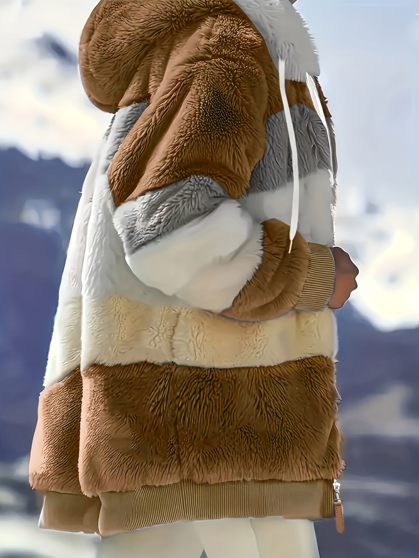 Ultra-Soft Color Block Fuzzy Hooded Coat - Stylish Winter Warm Outerwear with Full-Length Sleeves - Perfect for Casual Wear - Womens Clothing