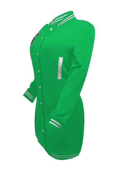 Womens Chic Letter Pattern Mini Dress - Versatile Button Front, Long Sleeve Slim Fit - Stylish Everyday Clothing