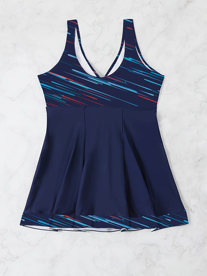 Plus Size Womens Vibrant Floral Print Tie Front V Neck One Piece Swimsuit - High Stretch, Comfortable, Vacation Essential - Polyester Knit Fabric, Random Printing, No Sheer