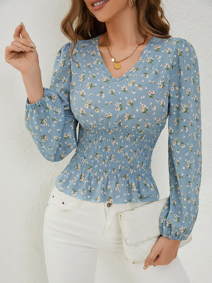 Ditsy Floral Print Shirred Blouse, Elegant Long Sleeve V Neck Blouse, Women's Clothing