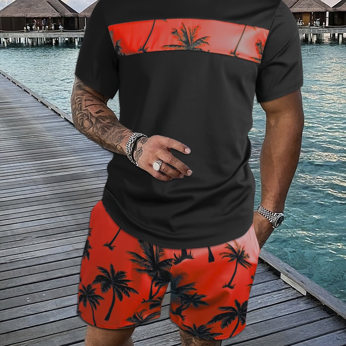 2Pcs Men's Tropical Coconut Tree Print Casual Outfits - Crew Neck Short Sleeve T-shirt & Drawstring Shorts Set - For Summer Vacation & Resorts - Men's Clothing