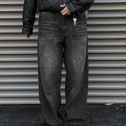 Men's Casual Wide Leg Jeans, Street Style Loose Fit Distressed Denim Pants