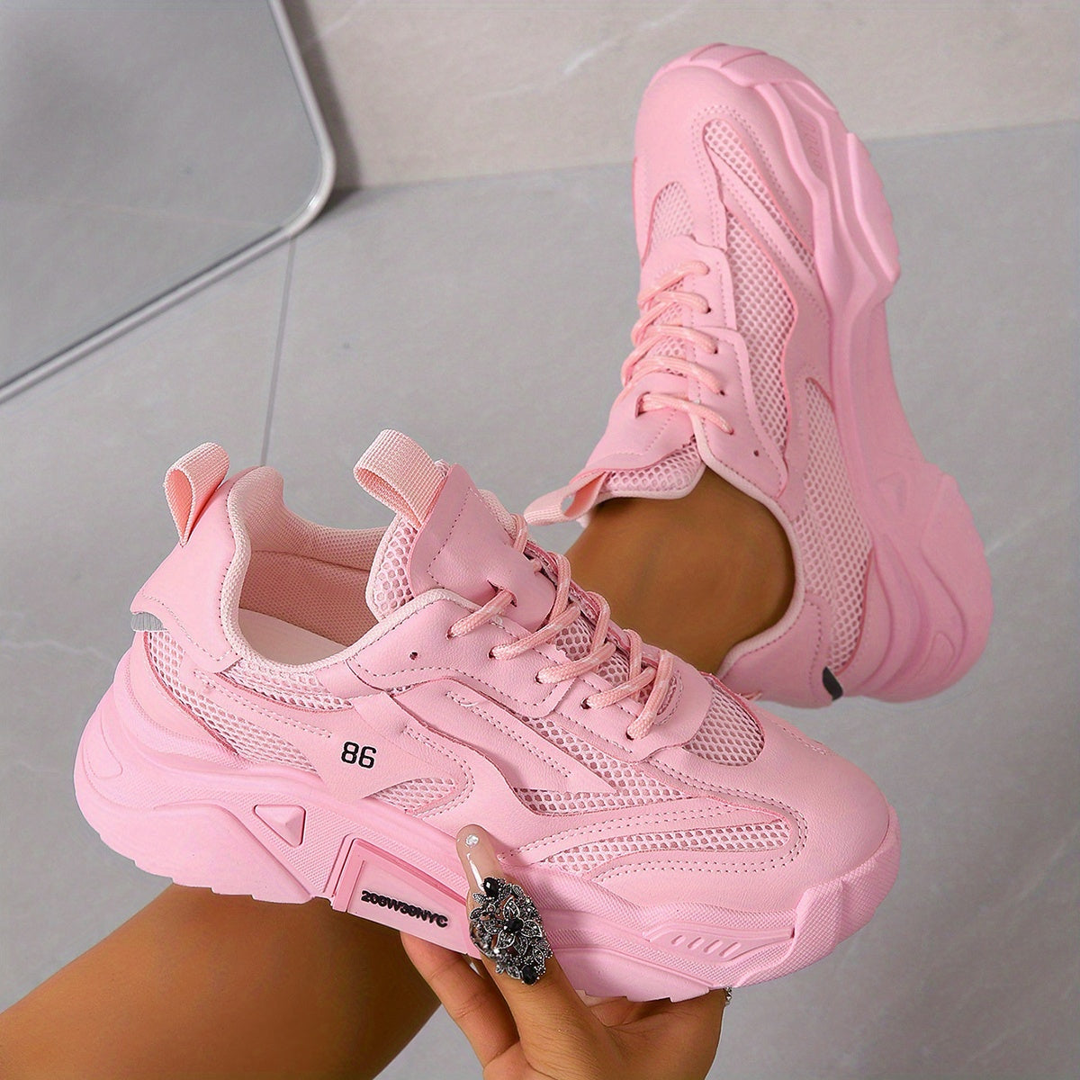 Women's Solid Color Casual Sneakers, Lace Up Breathable Soft Sole Sporty Trainers, Versatile Low-top Platform Shoes