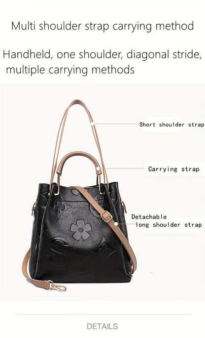 Classic Elegant Flower Embossed Satchel Handbag, Fashionable All-Match Bag For Work