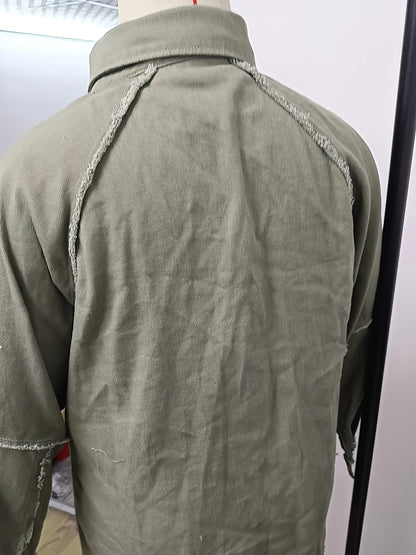 Women's Plus Size Denim Shacket with Raw Hem and Lapel Collar - Casual Button Up Long Sleeve Top for Oversized Comfort and Style